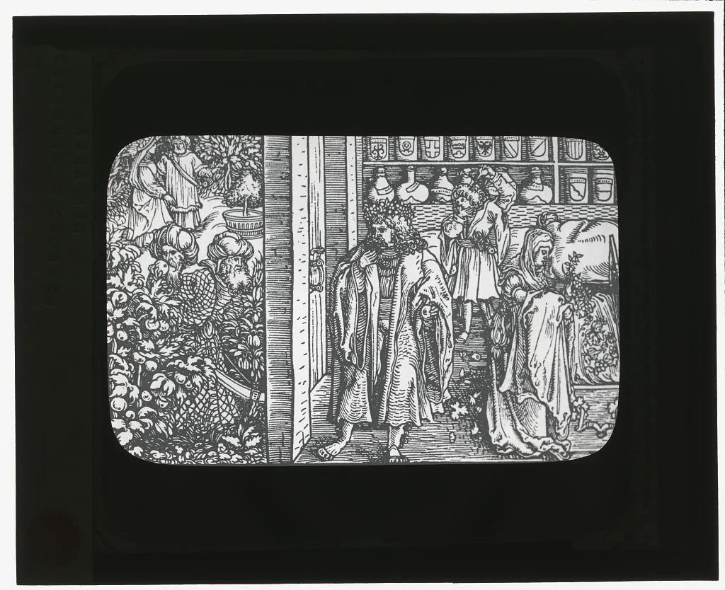 [Reproduction of print showing Herbalist's garden and storeroom], 1915