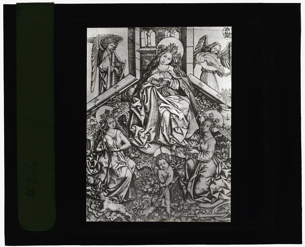 [Reproduction of print showing Virgin in enclosed garden], 1915