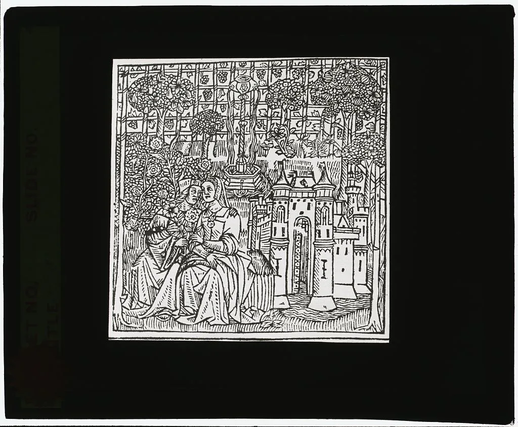 [Reproduction of print showing Couple in enclosed garden], 1915