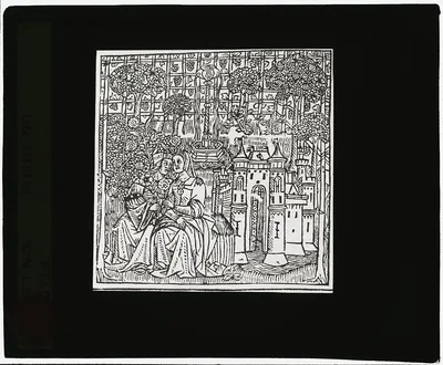 [Reproduction of print showing Couple in enclosed garden], 1915