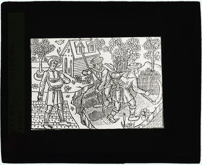 [Reproduction of print showing Men in garden], 1915