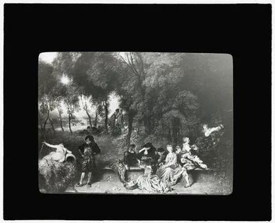 [Reproduction of painting showing a garden party], 1915