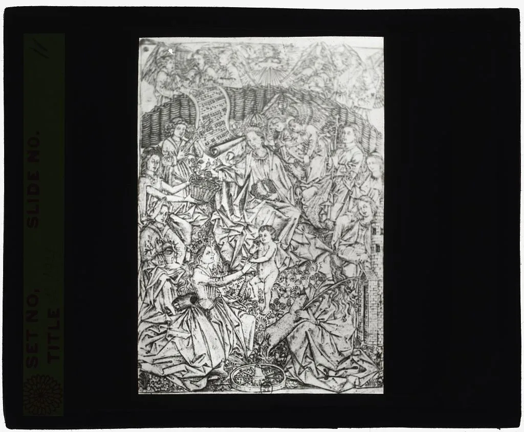 [Reproduction of print showing Virgin and Christ Child in a garden…, 1915