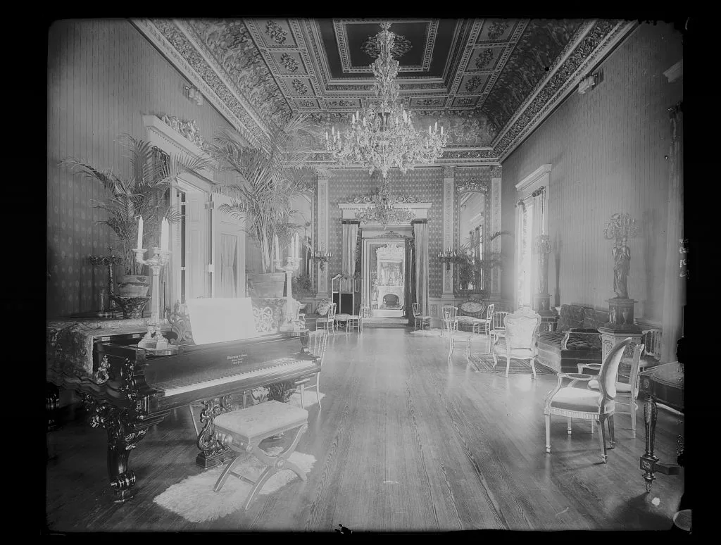 [Interior view of a large hall with piano, chairs, small tables, and…, Washington D.C., 1890