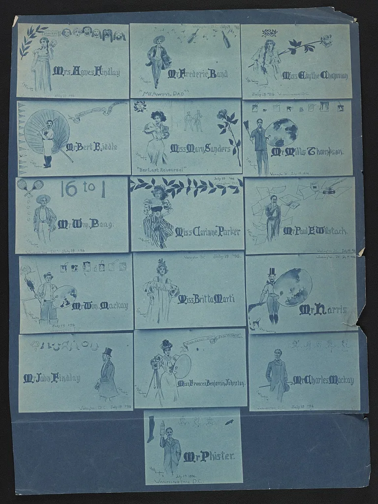 [Photograph of 16 place cards drawn by Mills Thompson for artists,…, 1896