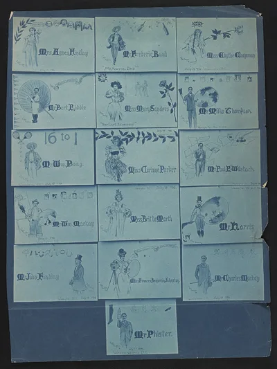 [Photograph of 16 place cards drawn by Mills Thompson for artists,…, 1896