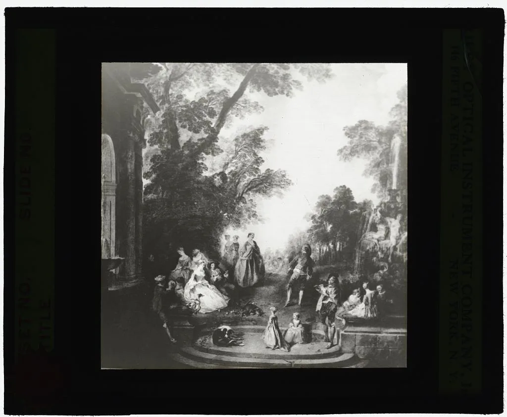 [Reproduction of painting showing dance between two fountains], 1915