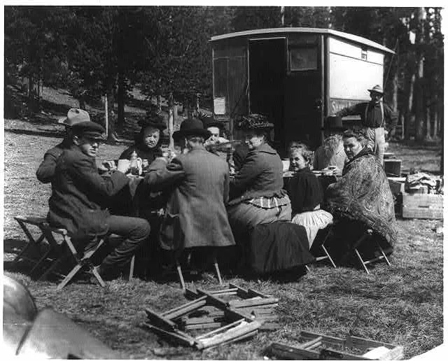 [Frances Benjamin Johnston at picnic table in Yellowstone National…, 1903