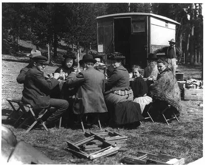 [Frances Benjamin Johnston at picnic table in Yellowstone National…, 1903