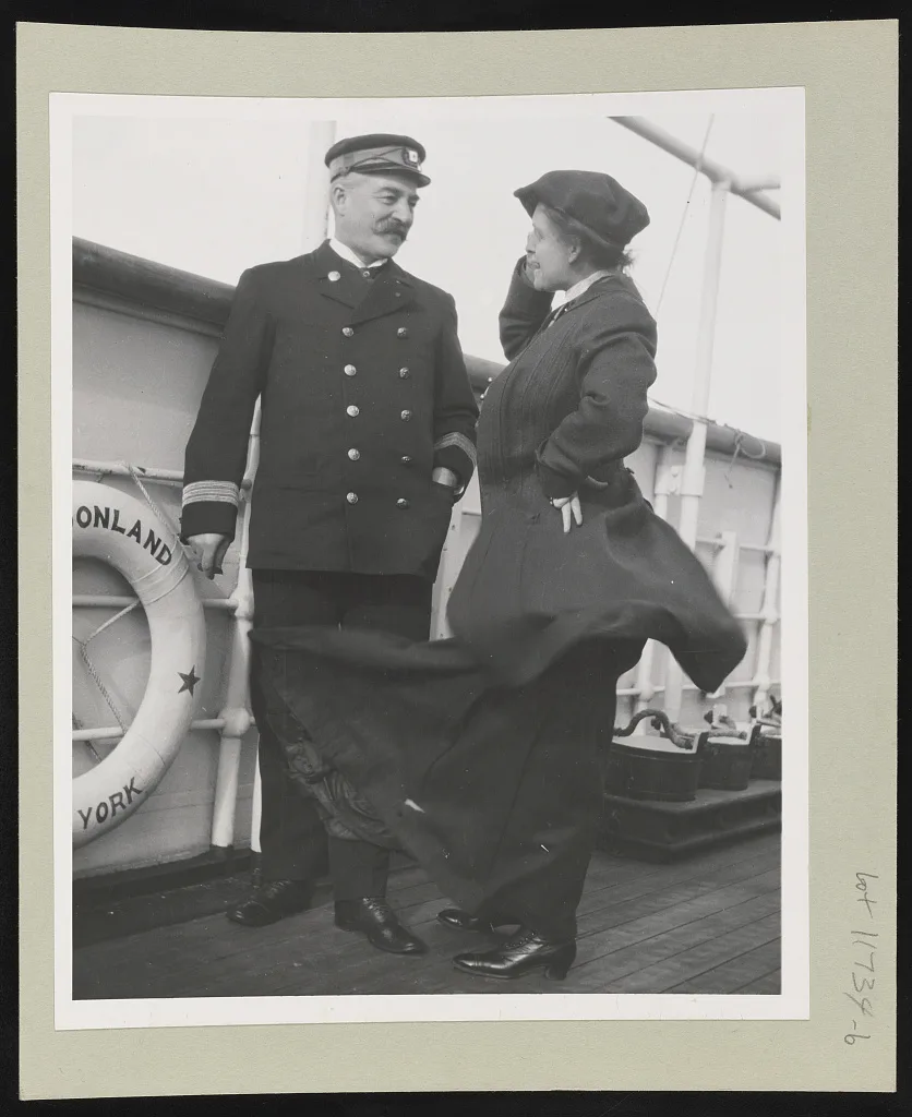 [Frances Benjamin Johnston talking with one of the ship's officers…, 1905