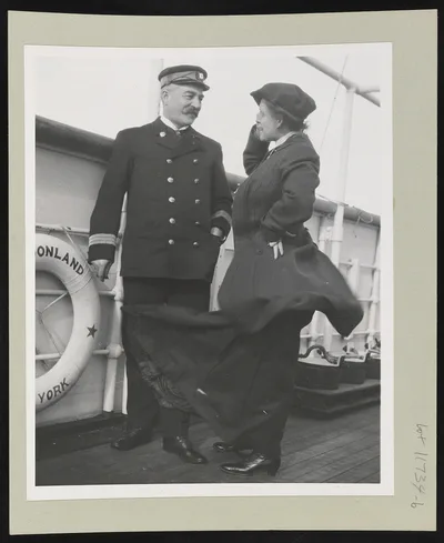 [Frances Benjamin Johnston talking with one of the ship's officers…, 1905