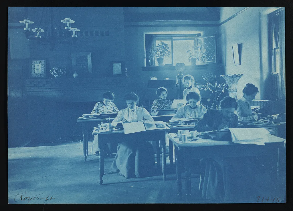 [Seven women artists working at tables. Window at upper right], New York, East Aurora, 1900