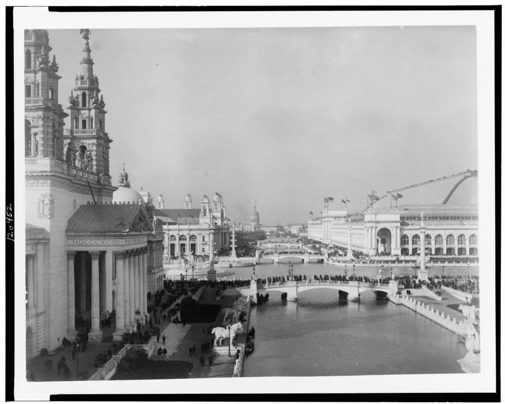 [Bird's-eye view of exposition grounds, with canal in foreground,…, Chicago, Illinois, 1893
